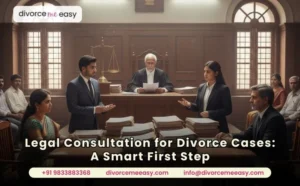 Lawyers discussing divorce case documents in Indian family court during legal consultation.